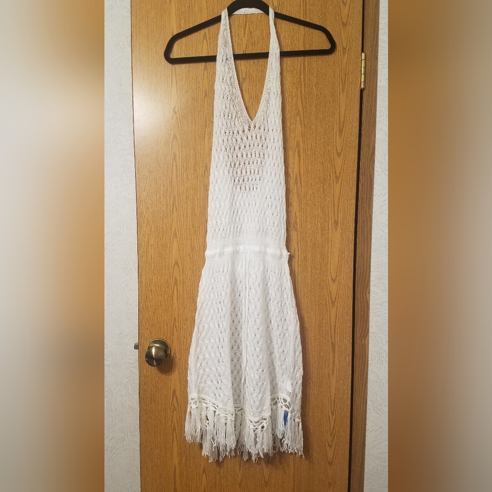 NWT Cupshe White Crochet Halter Dress with Fringe Size Small